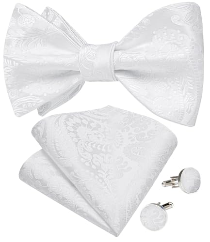 Image of DiBanGu Men Bow Tie Paisley Striped Self-Bow Tie for Men and Silk Woven Bowtie Pocket Square Cufflinks Wedding Party