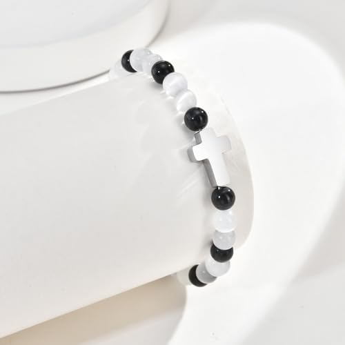 TempBeau Game Day Bracelet for Boys Girls, Black White Cat's Eye Beaded Stretch Cross Bracelet, Team Spirit Jewelry for Football Baseball Cheerleading - image 8