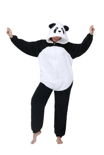 chuangminghangqi Einteiliger Schlafanzug Damen Winter Einteiler Tierkostüm Erwachsene Kostüm Jumpsuit mit Reißverschlüsse Locker und Bequem Pyjama Unisex Onesie Kleidung Mit Kapuze(Panda XXL)