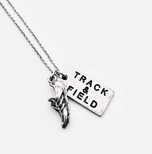 Pewter Track and Field Dog Tag Style Necklace - Pewter Running Shoe Charm and Pewter Track and Field Pendant on 18 inch Stainless Steel Cable Chain - All Pewter2