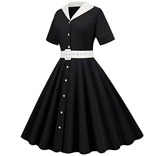 Smocked Dress Women, Fall Dresses For Women Cute Dresses Teen Girls Kaftan Dresses Women's Polka Dot Short-Sleeved Doll Collar Fashion Print Party Hem Dress White Linen Dresses (M, Black-B) #TOP4