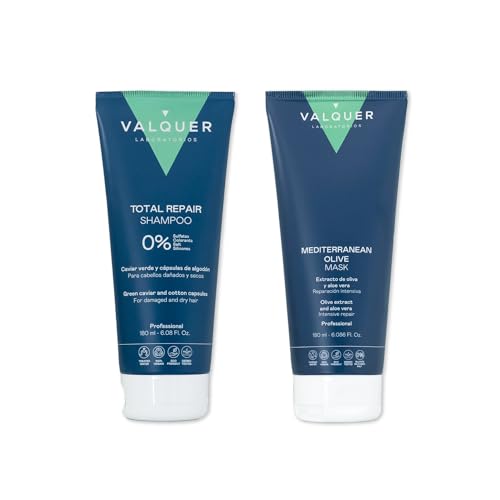 Valquer Pack Champú Reparador y Mascarilla Capilar de Oliva para cabellos dañados. Hidratación capilar. Vegano - 180 ml + 180 ml