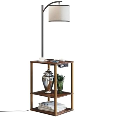 SUNMORY Floor Lamp with Table, End Table with Lamp, Shelves, Charging Station(USB & AC Port), 3-Color Temperature LED Bulb, Side Table Lamps for Living Room, Bedroom, Office, Rustic Brown