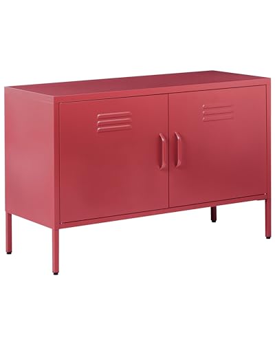 Beliani Aparador de Metal 100 x 40 cm 2 Puertas estantes Protectores Patas Rojo Uria