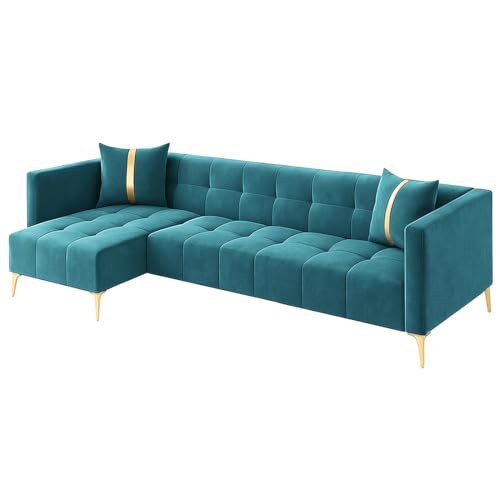 Image of FURNY Styliving 6 Seater Fabric LHS L Shape Sofa Set (Aqua Blue) with Golden Finish Legs | Durable & Comfortable | Ideal for Living Room
