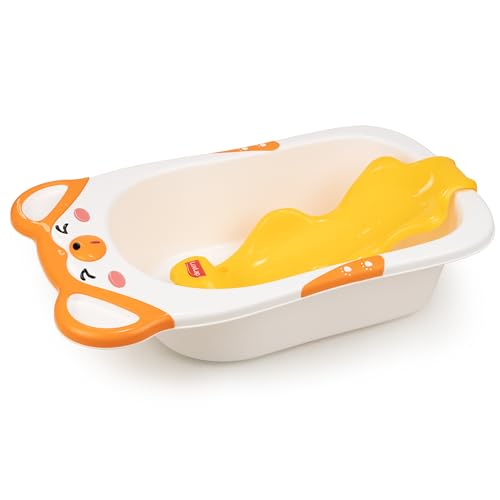 Image of LuvLap Bubble Baby Bathtub (White & Orange) & Anti Slip Baby Plastic Bath Chair (Yellow) for 6 Month - 3 Years, Bathtub with Drain Plug, Baby Bath Seat /Sling with Non Slip Suction Base