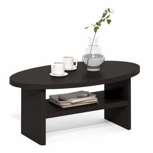 Image of Furinno Jaya 2-Tier Round Black Coffee Table with Oval Tabletop, Dark Oak
