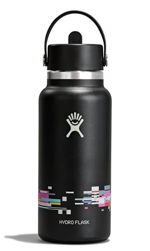 Image of Hydro Flask Water Bottle - Insulated Stainless Steel - Wide Mouth Flex Straw Lid, Non Spill, Leakproof and Refillable in 32 Oz Glitch Black