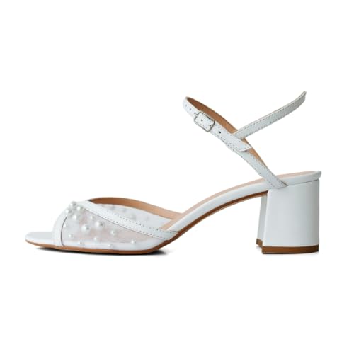 XYD Women Pearls Open Toe Block Sandals Ankle Strap with Buckle Mid Low Heel Pumps Summer Dating Casual Shoes2