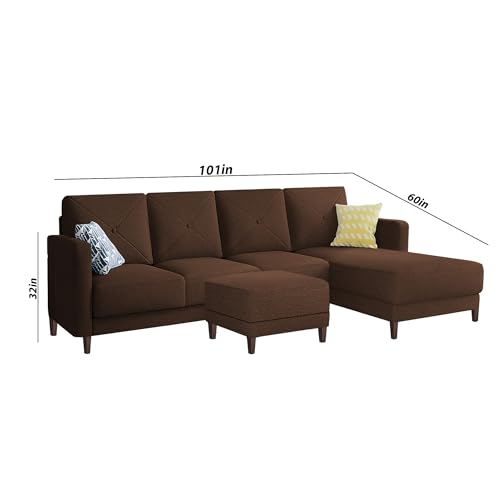 Image of Baloney RHS 6 Seater L Shape Sofa Set with Center Table for Living Room (Brown Fabric) Premium Fabric Sofa