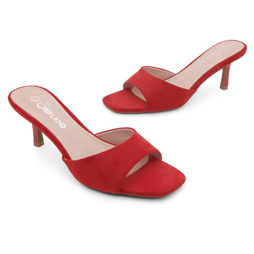 Image of Shoe Land Women's Low Heels Stiletto Heeled Slides, Open Toe One Band Slip-On Heeled Mules - Dressy Heeled Sandals for Prom, Party Wedding and Vacation