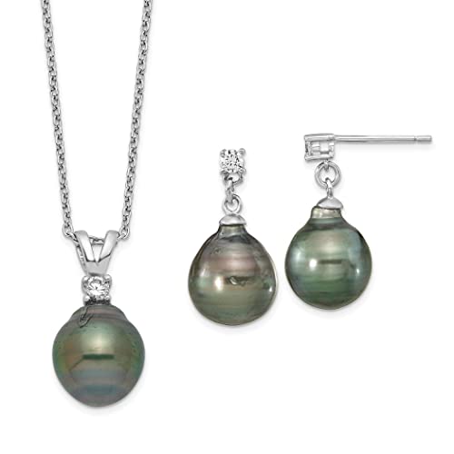 925 Sterling Silver Rhodium 9 10mm Teardrop Tahitian Saltwater Pearl C Earrings Z and Neck Se Jewelry Gifts for Women
