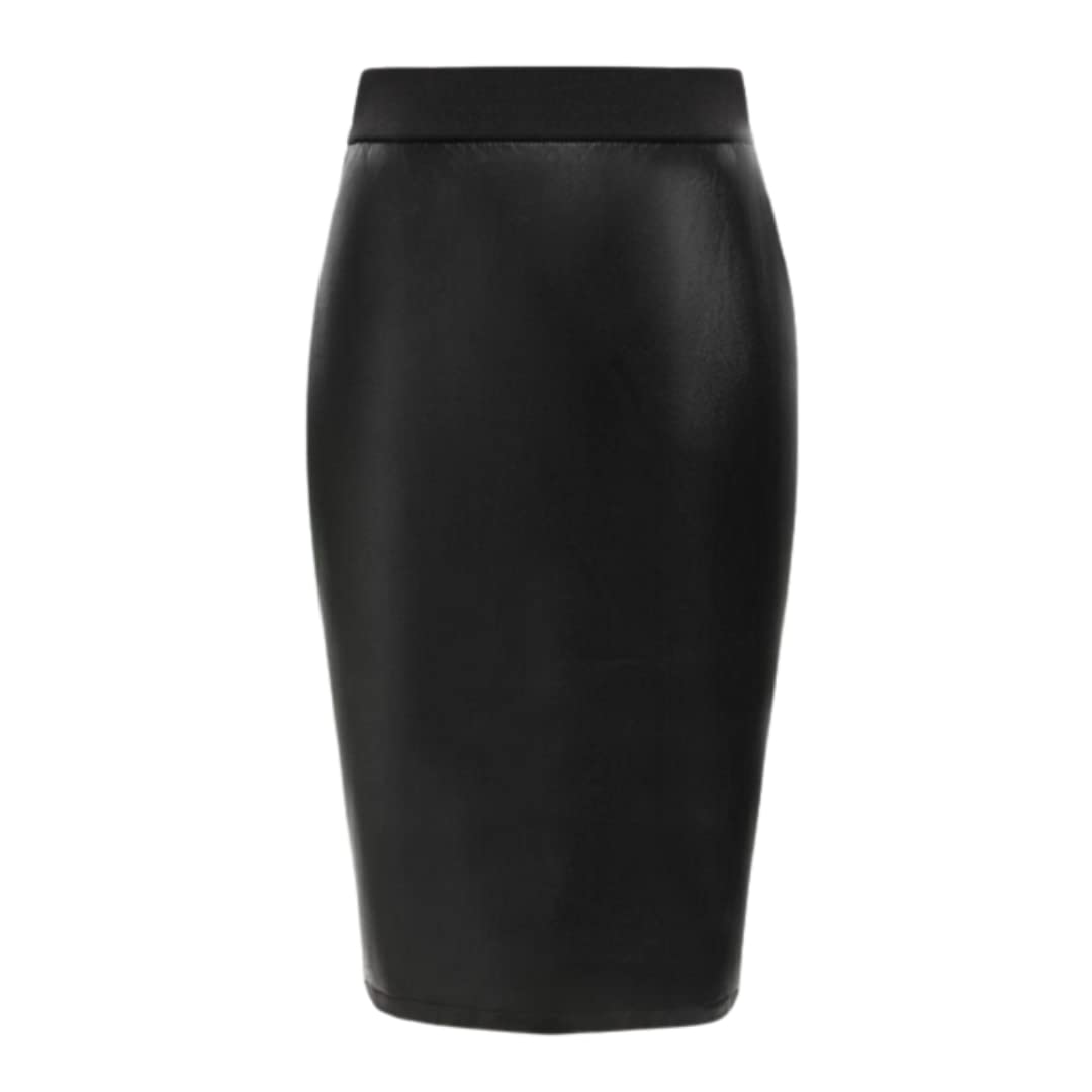 FASHIONISM Womens Wet Look Faux Leather Bodycon Midi Skirt Ladies Elastic Waistband Fancy PVC Shiny Pencil Tube Midi Skirt Black
