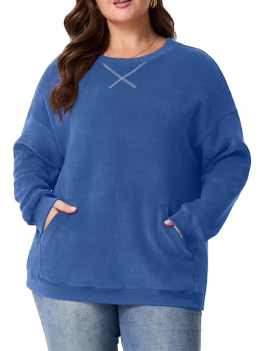 OLRIK Women Plus Size Sweatshirt Oversized Corduroy Crewneck Pullover Sweater with Kangaroo Pocket Fall Fashion