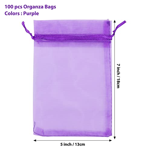 Image of ANZNKU 100PCS Premium Purple Organza Bags 5x7 inches Mesh Bags Drawstring, Gift Bag Small Size for Easter, Organza Favor Bag, Treat Sachet Pouch for Baby Shower Graduation