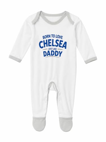 Cheekytots Grenouillère bébé Born To Love Chelsea Just Like Daddy - Grenouillère bébé 100% coton, Blanc/bordure grise, 3-6 mois