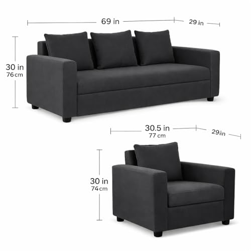 Image of Wood 3+1+1 Sofa Set 5 Seater | Velvet Fabric Upholstery | Wooden Frame Sofa Set with 3 Seater & 2 Single Chairs for Living Room, Home & Office (Dark Grey)