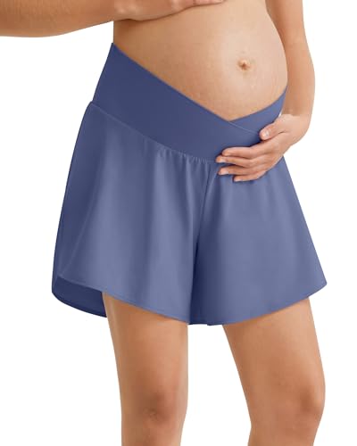 G4Free Maternity Yoga Shorts with Pockets Low Rise Flowy Pregnancy Athletic Shorts Gym Workout Comfy(Dusky Purple L)