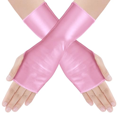 Obmwang Shiny Metallic Fingerless Gloves - Cosplay Gothic Punk Rock Stage Wear for Women and Girls, Pink