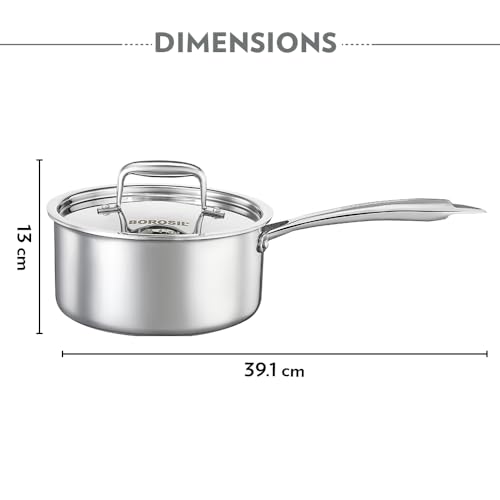 Image of Borosil Cookfresh Triply Stainless Steel Straight Shape Sauce Pan with Lid | SS304 Food Grade Steel, Dishwasher Safe | Compatible for Gas, Induction, Hot Plate, Halogen | 5 Years Warranty (18 cm)