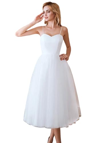 Image of Simple Tulle Short Wedding Dresses for Bride Elegant Spaghetti Straps Tea Length Bridal Shower Dress for Women