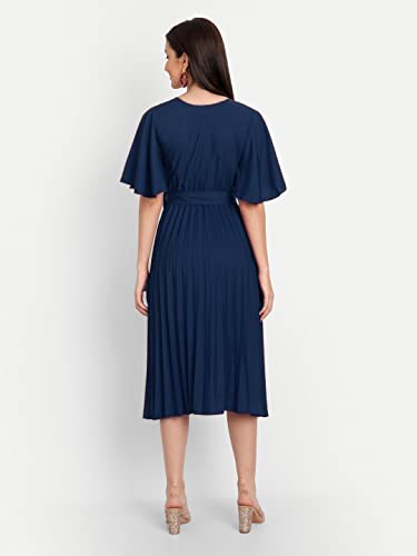 Image of KUDUZO Women's Crepe Long Pleated Below Knee Length Flutter Sleeve Round Neck S to XL Maxi Dress for Girls. (EG-U0IM-B9A1)