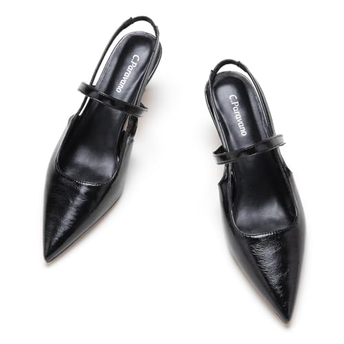 C.Paravano Women's Slingback Flats Pointed Toe Kitten Heels Low Heel Pumps Ankle Strap Comfort for Office Casual Wear Leather Dress Shoes(Size 7.5,Black Heels)