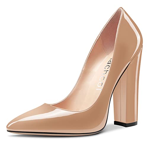 Aachcol Women Pumps Chunky Block High Heel Pointed Toe Slip-on Office Dress Shoes Classic 5 Inch