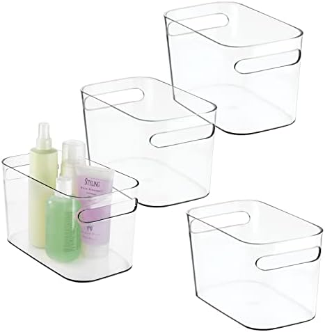 mDesign Deep Plastic Bathroom Bin with Handles - Storage Organizer for Vanity Countertop - Hold Soap, Body Wash, Shampoo, Lotion, Conditioner, Hand Towels - 10" Long, Aura Collection, 4 Pack, Clear