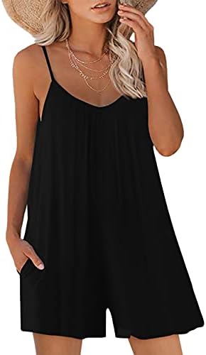 Btaiuo Womens Summer Casual Sleeveless Strap Loose Adjustable Jumpsuits Stretchy Shorts Romper with Pockets Small Black