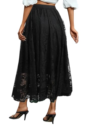 Adigaber Women's Tulle Skirt High Waist Mesh Ballet Party Lace Tutu A-line Midi Skirt with Lining Black - Image 2