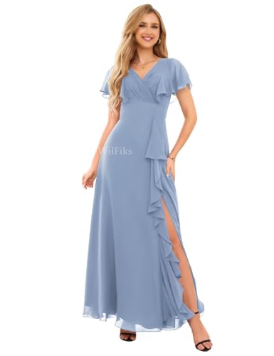 Image of WilFiks Ruffle V Neck Bridesmaid Dresses for Women Long Ruched Chiffon Formal Wedding Guest Dress Evening Gowns with Slit
