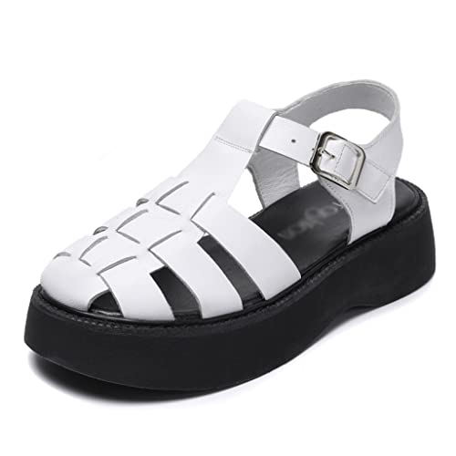 Leather Sandals Women's Mary Jane Thick-Soled Woven Toe Cap Hollow Roman Cage Shoes