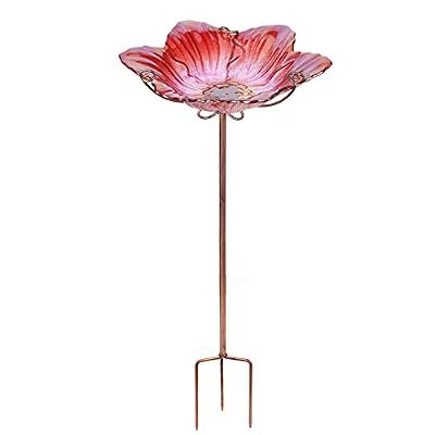 MUMTOP Bird Baths for Outdoors Glass Bird Bath Bowl Outdoor Bird Feeder Flower Pattern with Metal Stake for Garden, Yard and Lawn Decor (Red)