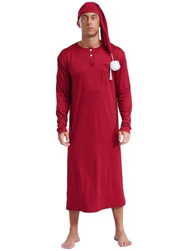 Men's Nightshirt Long Sleeve Nightgown Soft Loose Sleepwear Lightweight Nightwear Sleep Cap