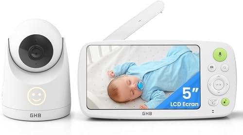 GHB Camara Vigilancia Bebe Vigilabebes con Camara con Pantalla IPS 5' 1080P Batería de 4000mAh Duración 7X 24 Horas Visión Nocturna Comunicación Bidireccional Escucha Bebes Admite hasta 4 Cámaras