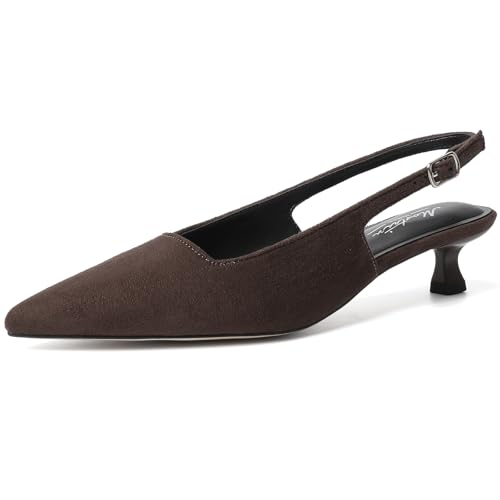 Mostrin Dark Brown Slingback Kitten Heels for Women Suede Pointed Closed Toe Heels Low Pumps Shoes for Party Work Office Size 8