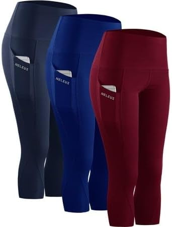 Womens Tummy Control High Waist Capri Yoga Leggings with Pocket Navy Blue+Blue+Wine Red US Size L