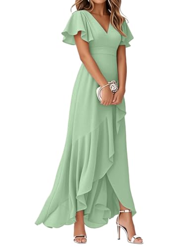 Minetom Robe De Soirée pour Mariage Invité Longue Femme Col V Mousseline A Line Manches Courtes Plissé Fendue Fluide A Vert Clair M