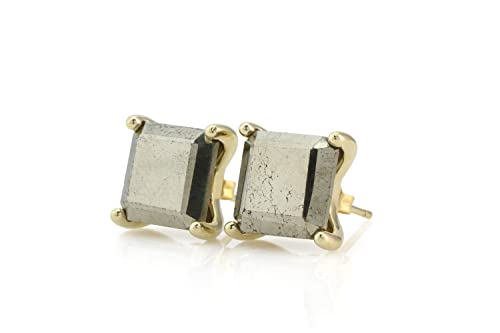 Boucles d'oreilles pyrite carrée femme avec gemmes semi-précieuses et boîte