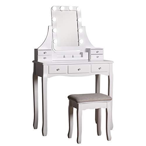 Mupater Makeup Desk Vanity Set with Mirror Light and Bench Stool for Girls and Women, Dressing Table with 7 Drawers and 10 LED Blubs, White