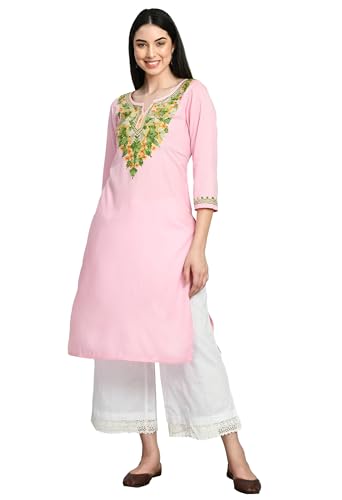 Image of QAZMI Women's Rayon Cotton Keyhole Neck Three-Quarter Sleeves Kashmiri Embroidered Straight Kurta