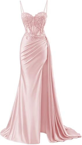 Loyeloy Spaghetti Strap Satin Prom Dresses with Slit 2025 Lace Appliques Long Mermaid Evening Gowns