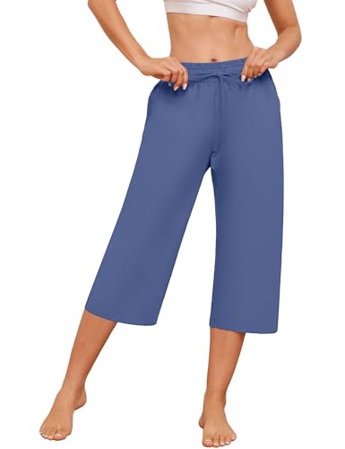 Womens Capri Pants Loose Wide Leg Drawstring Elastic Waist Casual Lounge Cropped Pants with Pockets4