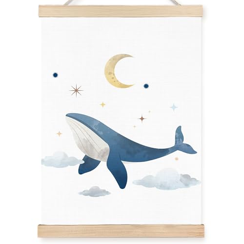 Image of PQKIY Whimsical Whale Ocean Nursery Wall Art Poster Hanger Frame 12x16 in, Fantasy Celestial Ocean Animal Wall Decor Canvas Prints for Nursery Toddler Boys Kids Room Bedroom Playroom