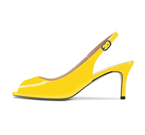 Image of NobleOnly Womens Stiletto Mid Heel Peep Open Toe Sandals Slingback Ankle Strap Wedding Office Pumps Court Shoe 6.5 CM Heels Shoes Yellow 3 UK