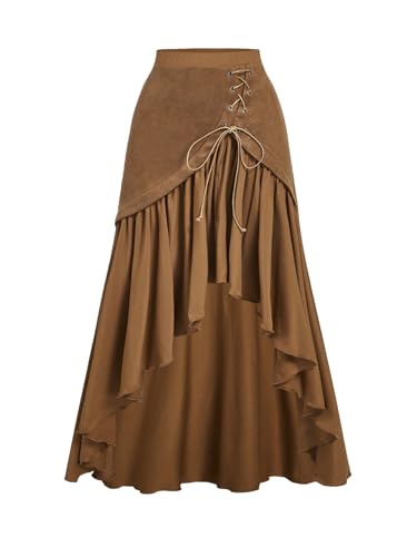 Verdusa Women's Western Cowgirl Skirt Renaissance Asymmetrical Long Skirt Vintage Flowy Boho Ruffle Skirts Brown Small