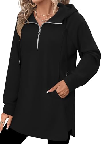 onlypuff Women Hoodie Pullover Trendy Quarter Zipper Lapel Sweatshirts Drawstring Cute Hooded Tunic Tops with Side Pockets