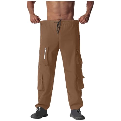 Cargo Pants for Men Drawstring Elastic Waistband Multi Pockets Workwear Pants Solid Color Casual Long Trousers3