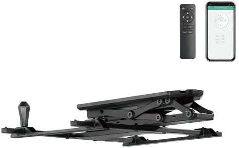 KIMEX 018-7064W Motorized Retractable Ceiling TV Mount in retracted position, with remote control and smartphone app interface shown.